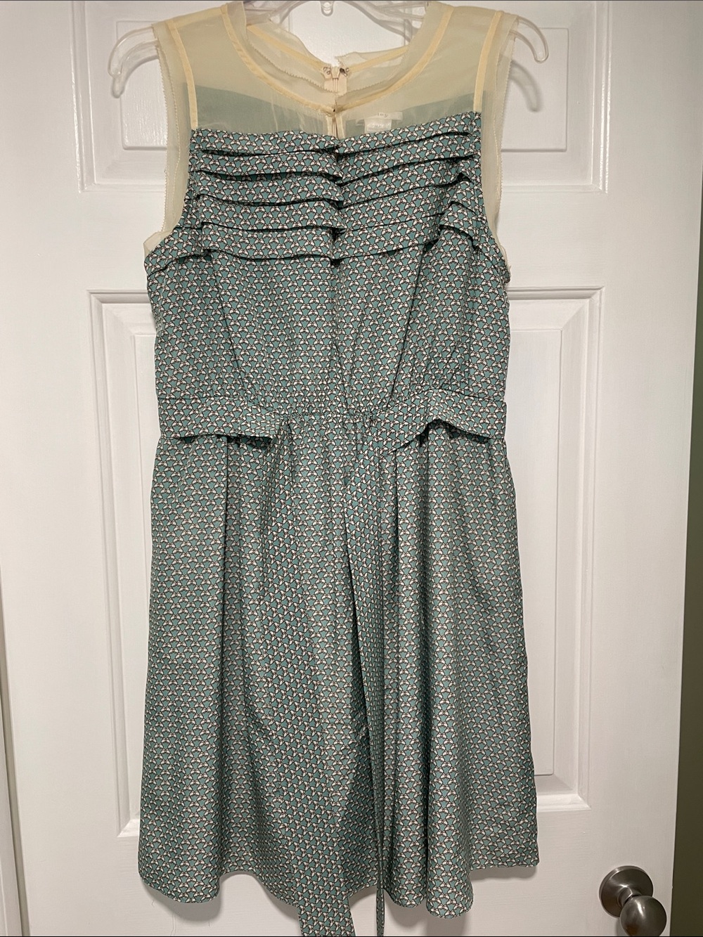 Esley Mint Green Printed Fit & Flare Midi Dress with Sheer Yoke